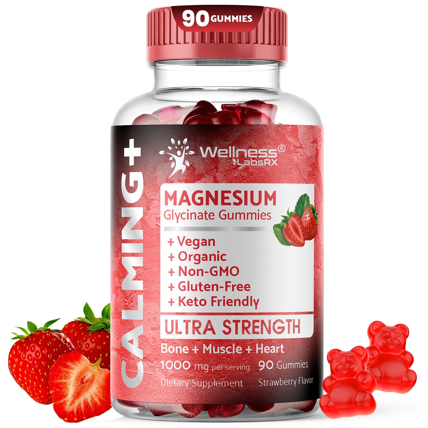 Magnesium Glycinate Gummies, 1000 mg - Magnesium Supplement to Support Relaxation, Heart Health - Chewable Calm Magnesio Gummies for Adults, Glicinato De Magnesio - Strawberry Flavor WELLNESS LABSRXBuy Supplements Australia
