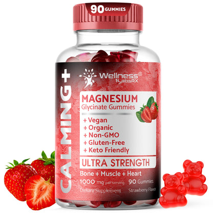 Magnesium Glycinate Gummies, 1000 mg - Magnesium Supplement to Support Relaxation, Heart Health - Chewable Calm Magnesio Gummies for Adults, Glicinato De Magnesio - Strawberry Flavor WELLNESS LABSRXBuy Supplements Australia