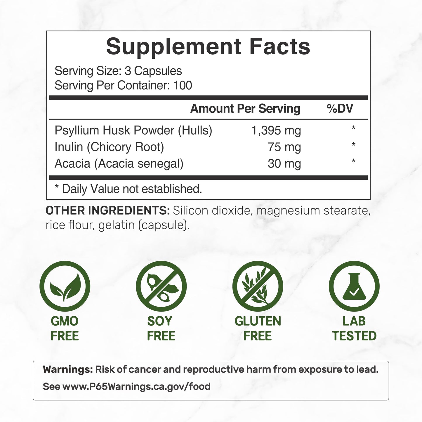 Psyllium Husk 1500mg Per Serving, 300 Capsules – 3 in 1 Fiber Supplement with Inulin & Acacia Complex – Natural Soluble Fiber