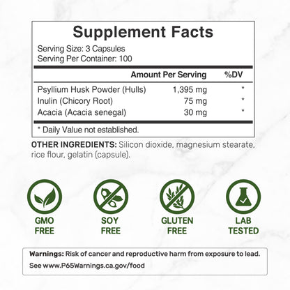 Psyllium Husk 1500mg Per Serving, 300 Capsules – 3 in 1 Fiber Supplement with Inulin & Acacia Complex – Natural Soluble Fiber