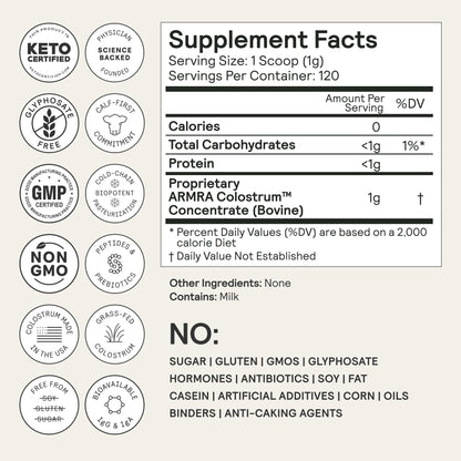 ARMRA Colostrum Powder | Unflavored | Gut Health & Bloating | Skin & Hair | Immunity | Keto, Gluten & Fat-Free | 120 Servings