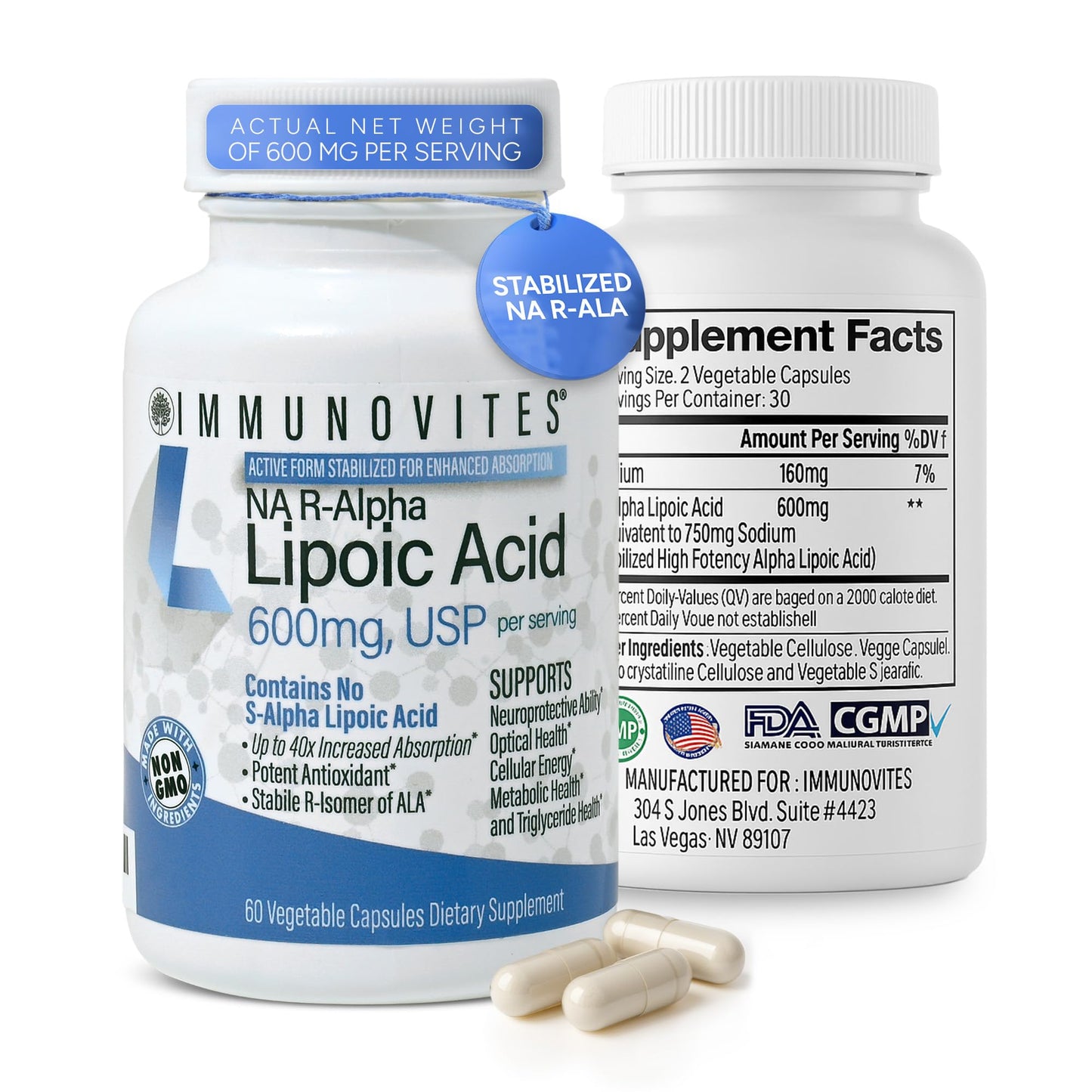 IMMUNOVITES Stabilized R-Alpha Lipoic Acid ((True)) 600mg per Serving [[High Potency & up to 40x Increased Absorption]]
