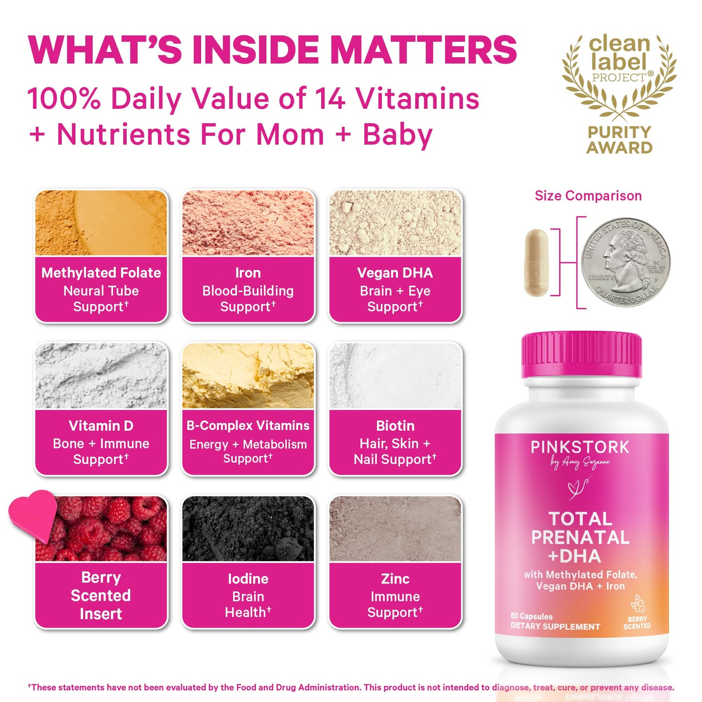 Pink Stork Total Prenatal Vitamins with DHA, Folate, Iron, Choline, and Vitamin B12 - Prenatals for Women to Support Fetal Development, Pregnancy Essentials