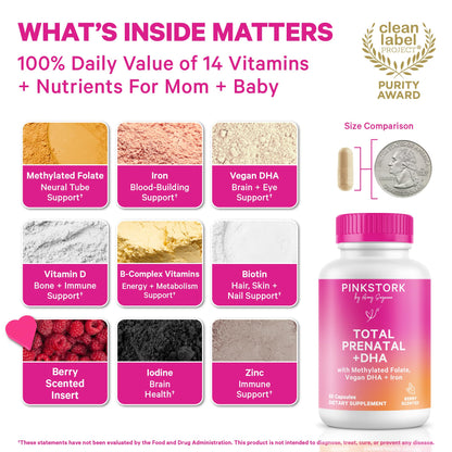Pink Stork Total Prenatal Vitamins with DHA, Folate, Iron, Choline, and Vitamin B12 - Prenatals for Women to Support Fetal Development, Pregnancy Essentials