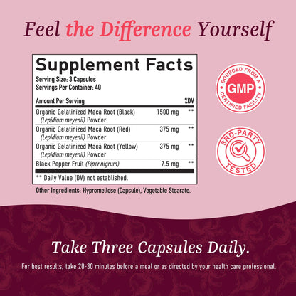 Organic Maca Root Capsules for Women | Peruvian Maca 2250MG Extra Strength | Red, Black & Yellow Root Powder with Black Pepper | Herbal Supplement