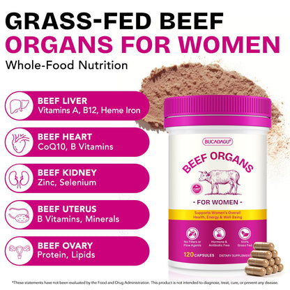 Beef Organ Supplement for Women - Grass-Fed Beef Liver, Kidney, Heart, Uterus, Ovary - Supports Female Energy & Hormone Balance - Pasture Raised in New Zealand