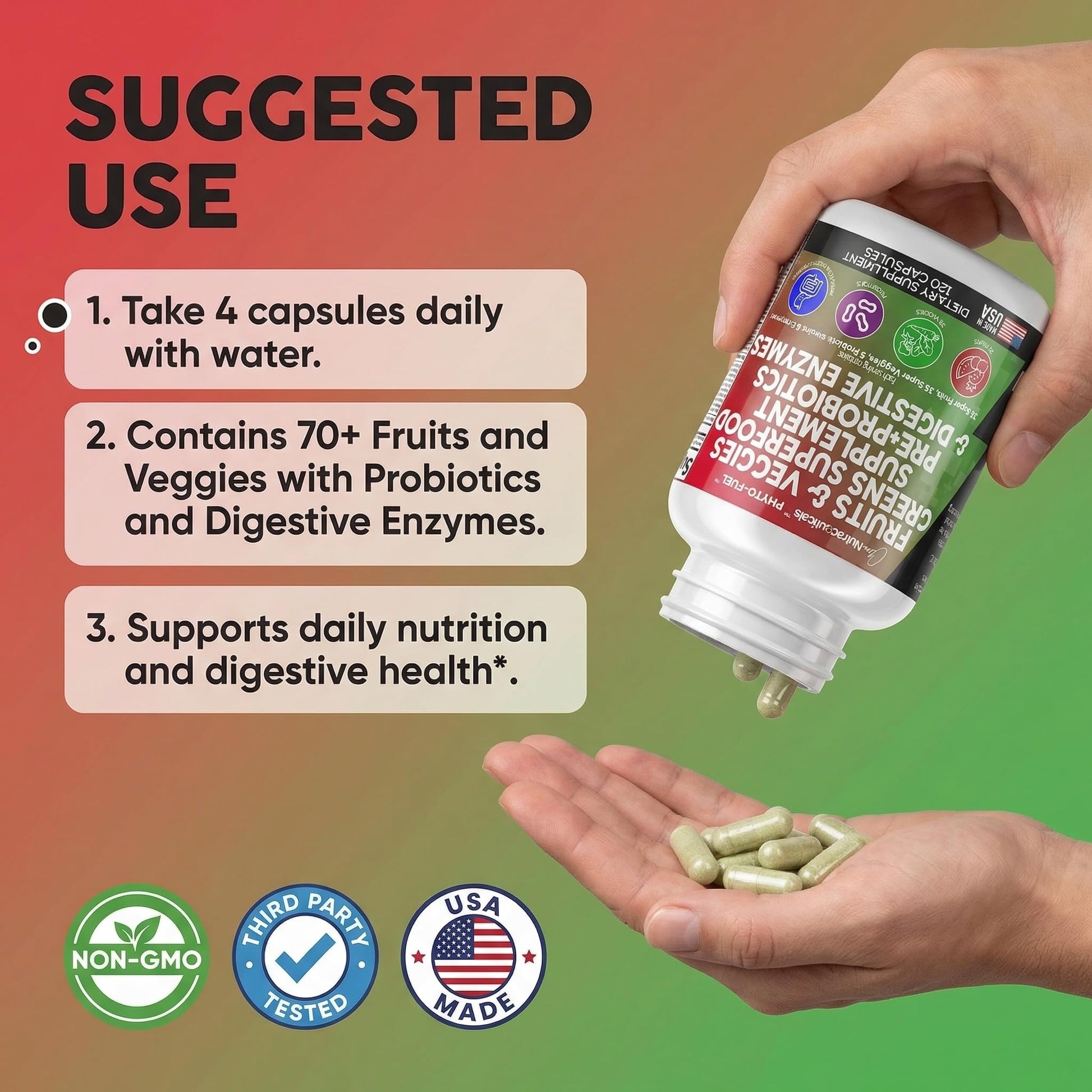 Clean Nutraceuticals Fruits and Veggies Supplement Reds & Green Superfood - Balance of Over 70 Fruit & Vegetable Supplements Capsules with Probiotics Prebiotics Digestive Enzymes - 120 Ct USA Clean NutraceuticalsBuy Supplements Australia