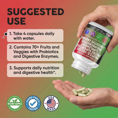 Clean Nutraceuticals Fruits and Veggies Supplement Reds & Green Superfood - Balance of Over 70 Fruit & Vegetable Supplements Capsules with Probiotics Prebiotics Digestive Enzymes - 120 Ct USA Clean NutraceuticalsBuy Supplements Australia