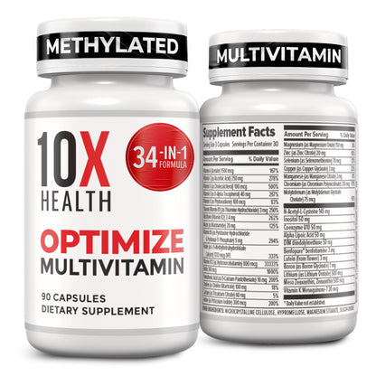 10X Health Optimize Methylated Multivitamin for Men - 90 Capsules, 34 in 1 Formula with 800 mcg of Vitamin B12, 5-MTHF, NAC