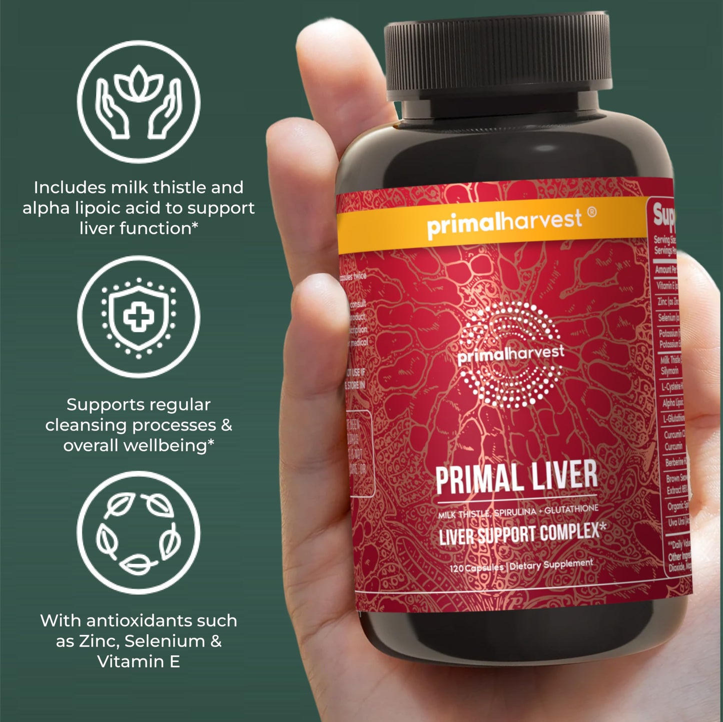 Primal Harvest Primal Liver Liver Supplement with, Alpha-Lipoic Acid, L-Cysteine HCL, L-Glutathione, Milk Thistle, and Spirulina