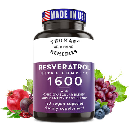 Thomas' all-natural Remedies Resveratrol 1600mg Organic Trans-Resveratrol Antioxidant Supplement with Organic Grape Seed Extract and Quercetin