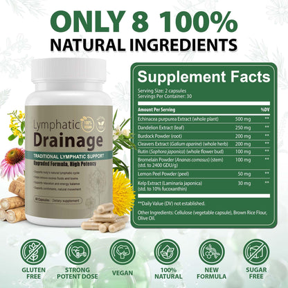 Lymphatic Drainage Capsules Natural Herbal Supplement for Immune Health & Fluid Balance, with Echinacea, Dandelion, and Burdock 60 Capsules