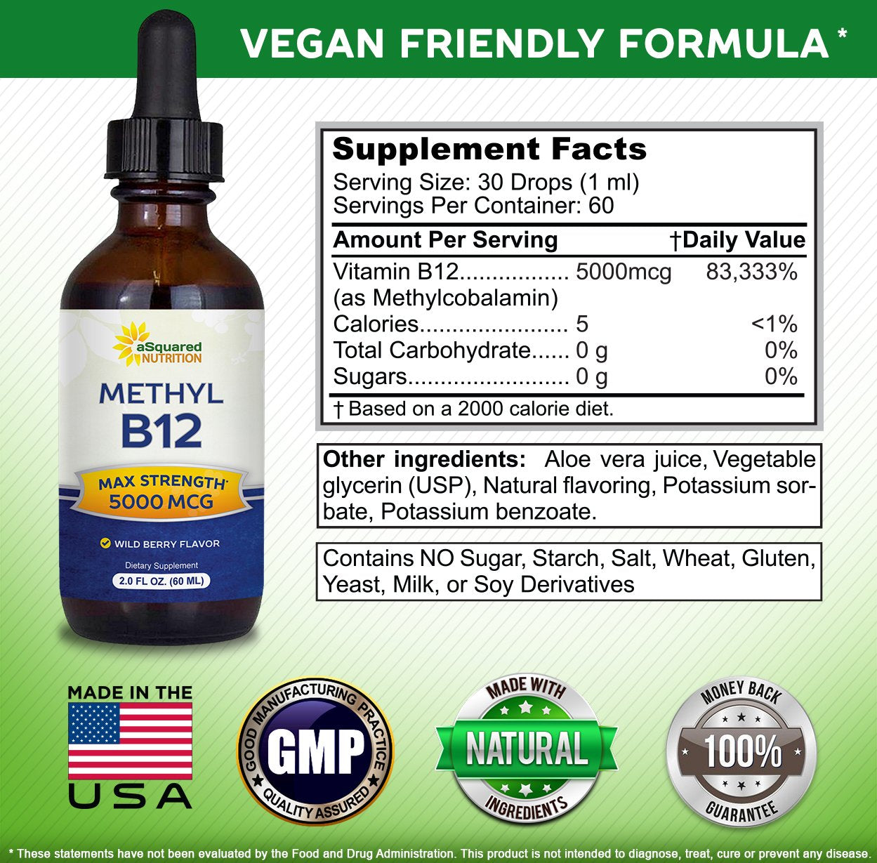 aSquared Nutrition Vitamin B12 Sublingual Liquid Drops - 5000 MCG Supplement with Methylcobalamin (Methyl B-12) - Max Absorption