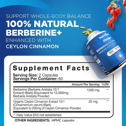 Nutrivein Premium Berberine 1200 mg with Ceylon Cinnamon - 120 Capsules: High-Absorption Berberine Supplement