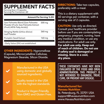 Saw Palmetto Supplement with Stinging Nettle and Pumpkin Seed Extract - Advanced 3X Formula - DHT Blocker Urinary Health and Prostate Support for Mens Health