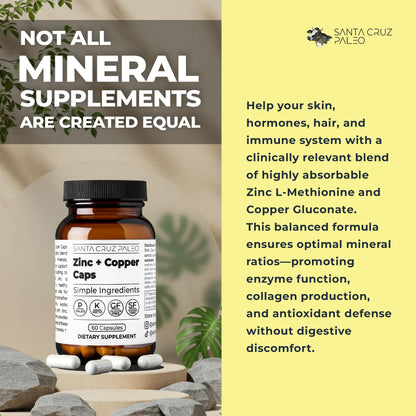 Santa Cruz Paleo, Zinc & Copper Mineral Supplement, High Absorption Formula, Zinc Supplement for Skin & Hair, L Methionine, Copper Gluconate, Trace Minerals