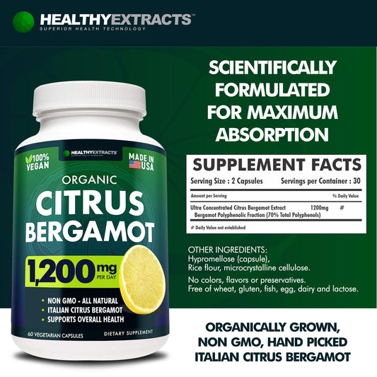 Citrus Bergamot Supplement – 150:1 Extract, 1200mg per Serving, 70% Polyphenols, Italian Sourced, 60 Count, 1 Month Supply, Made in the USA