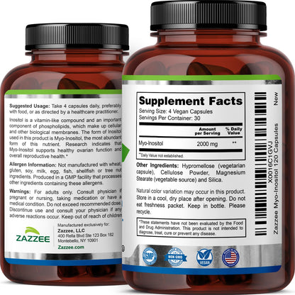 Zazzee Myo-Inositol Capsules, 2000 mg per Serving, 120 Vegan Capsules, Ideal Dosage for 40:1 Ratio, Certified Kosher, Hormone Balance & Healthy Ovarian