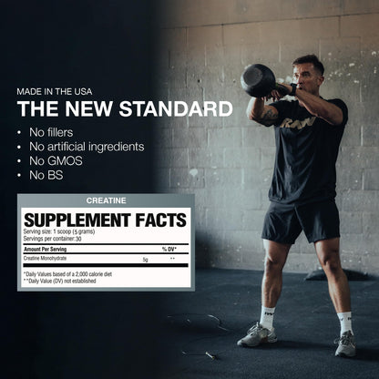 RAW Nutrition Creatine Monohydrate Powder, Unflavored (30 Servings) - Micronized Creatine Monohydrate Supplement for Workout Performance, Build Muscle & Strength