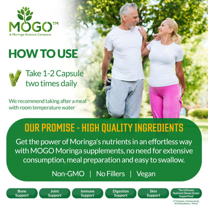 MOGO Moringa Capsules -180 Ct| Boost Energy, Immune, Gut, Joint Support | Made with Pure Organic Moringa Powder Organic Capsules | Made in USA
