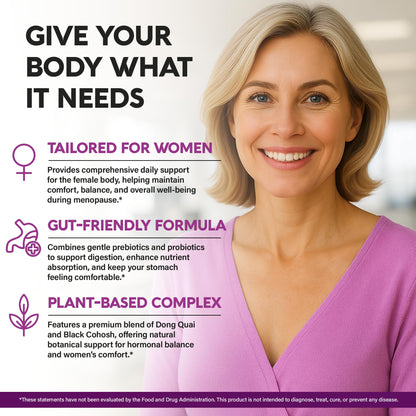 Menopause Supplements for Women - Dong Quai, Black Cohosh, Pre & Probiotics - Sweats & Hot Flashes Relief - Digestion, Sleep & Mood Support - 25-in-1 Perimenopause Complex