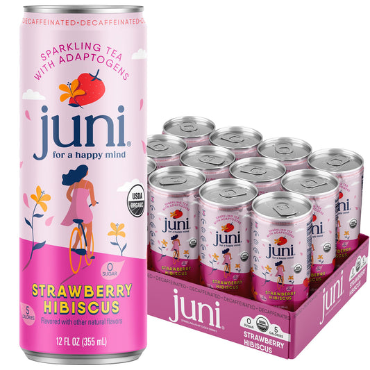 Juni Sparkling Adaptogen Drink with Ashwagandha, Lion’s Mane & Reishi Mushrooms | Green Tea for Focus, Zero Sugar, 5 Calories | Decaffeinated, Non Alcoholic Drinks - Strawberry Hibiscus 12 pack JUNI buy supplements Au