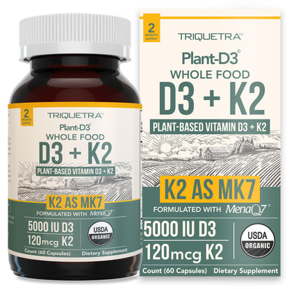 Organic Plant D3 + K2 | 5000 iu D3 + 120 mcg K2 as All-Trans MK7 from MenaQ7® - 100% Whole Food, Raw & Vegan | Enhanced Digestion with Prebiotic