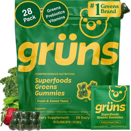 Gruns Adult Super Greens Multivitamin Gummies, Superfood Gummy Vitamins for Women and Men with Spirulina, Chlorella, Adaptogens & Prebiotic Fiber for Digestive Health (28 Count) GrünsBuy Supplements Australia