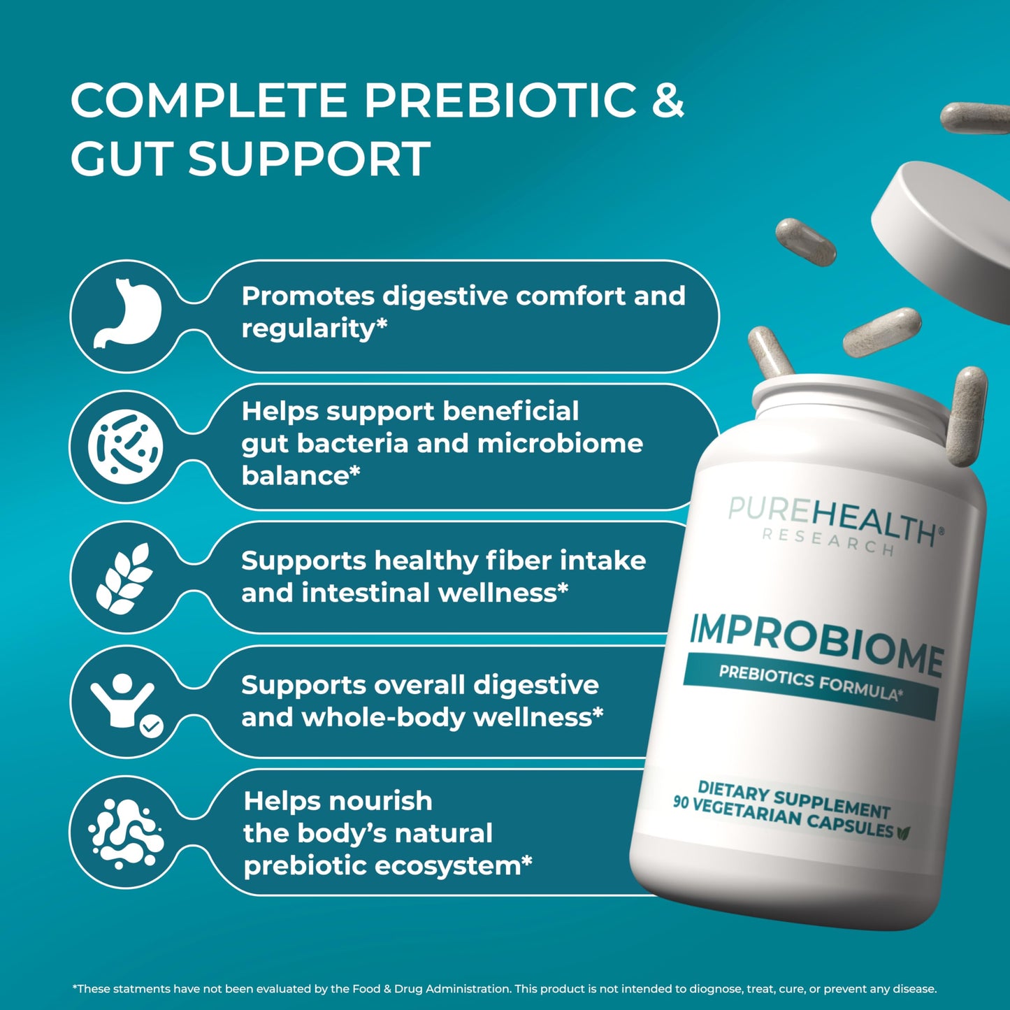 PUREHEALTH Research Improbiome - Prebiotic Fiber - Natural Support for Healthy Gut Prebiotics - Digestive Nutritional Supplements - with Jerusalem Artichoke, Apple Pectin & More - 90 Capsules PUREHEALTH RESEARCHBuy Supplements Australia
