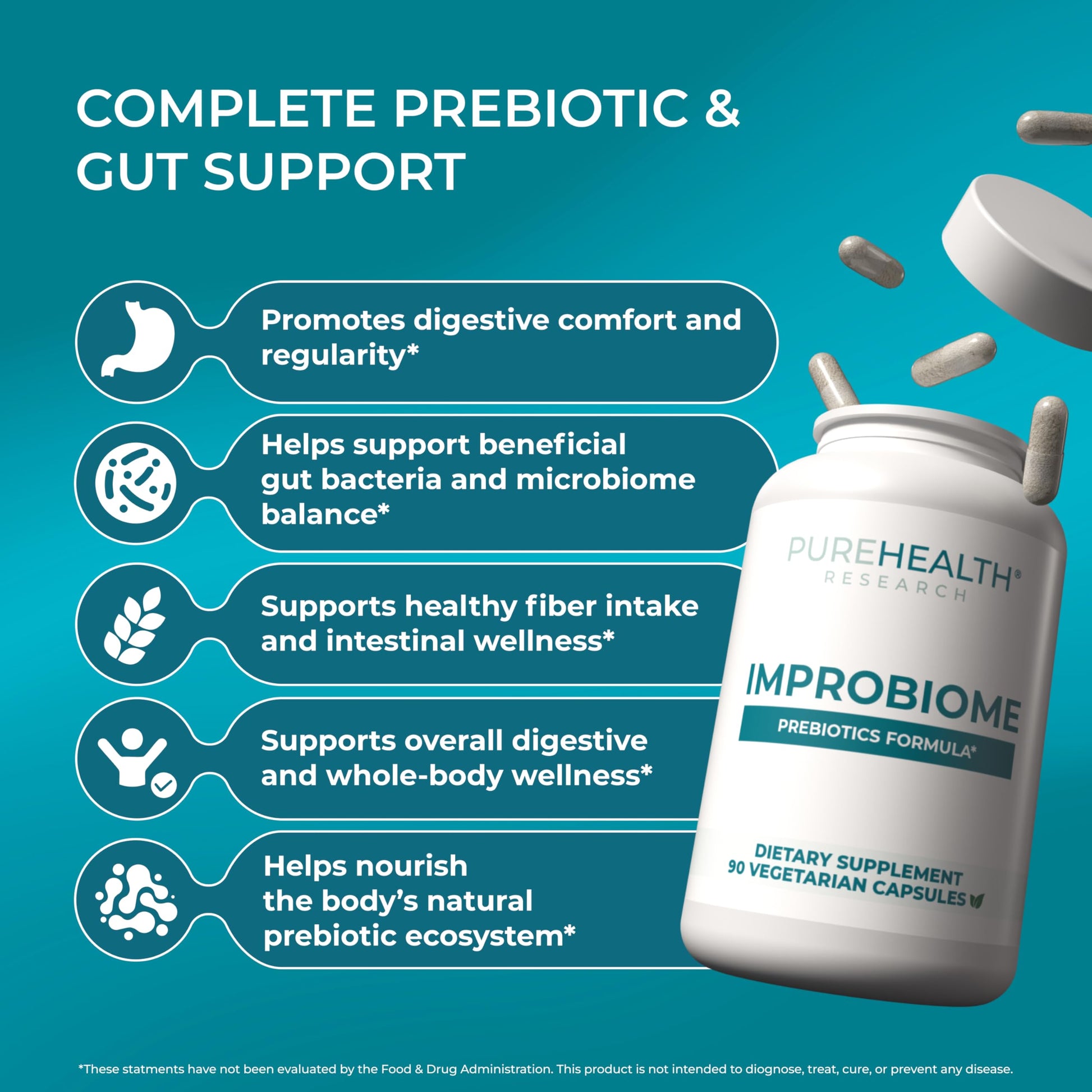 PUREHEALTH Research Improbiome - Prebiotic Fiber - Natural Support for Healthy Gut Prebiotics - Digestive Nutritional Supplements - with Jerusalem Artichoke, Apple Pectin & More - 90 Capsules PUREHEALTH RESEARCHBuy Supplements Australia