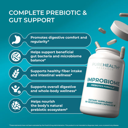 PUREHEALTH Research Improbiome - Prebiotic Fiber - Natural Support for Healthy Gut Prebiotics - Digestive Nutritional Supplements - with Jerusalem Artichoke, Apple Pectin & More - 90 Capsules PUREHEALTH RESEARCHBuy Supplements Australia