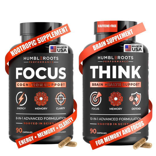 Two bottles of Humble Roots supplements labeled 'Focus' and 'Think' on a white background.