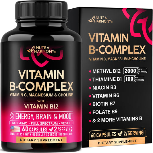 Vitamin B Complex for Men & Women - Riboflavin B2, B12, B1, B3, B5, B6, B7, B8, B9 | Vitamin C, Choline, Inositol - B-Complex Supplement