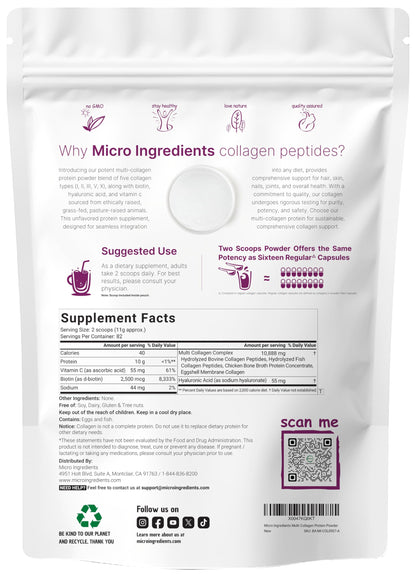 Micro Ingredients Multi Collagen Peptides Powder, 2lb – Hydrolyzed Type I,II,III,V,X with Biotin, Hyaluronic Acid, Vitamin C – Unflavored Collagen for Women & Men