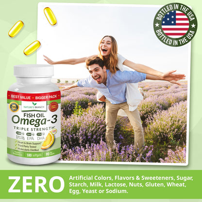 Triple Strength Omega 3 Fish Oil Supplements 2400mg | 180 Capsules, Burpless High Potency Lemon Flavor, High EPA DHA for Men & Women Ultra Pure Softgels | Joint Support, Eyes, Heart Brain Health Pills NATURE'S BRANCHBuy Supplements Australia