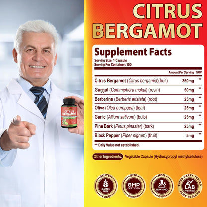 Cadane Citrus Bergamot Supplement Capsules with Berberine, Olive, Guggul, Garlic, Pine Bark, Black Pepper