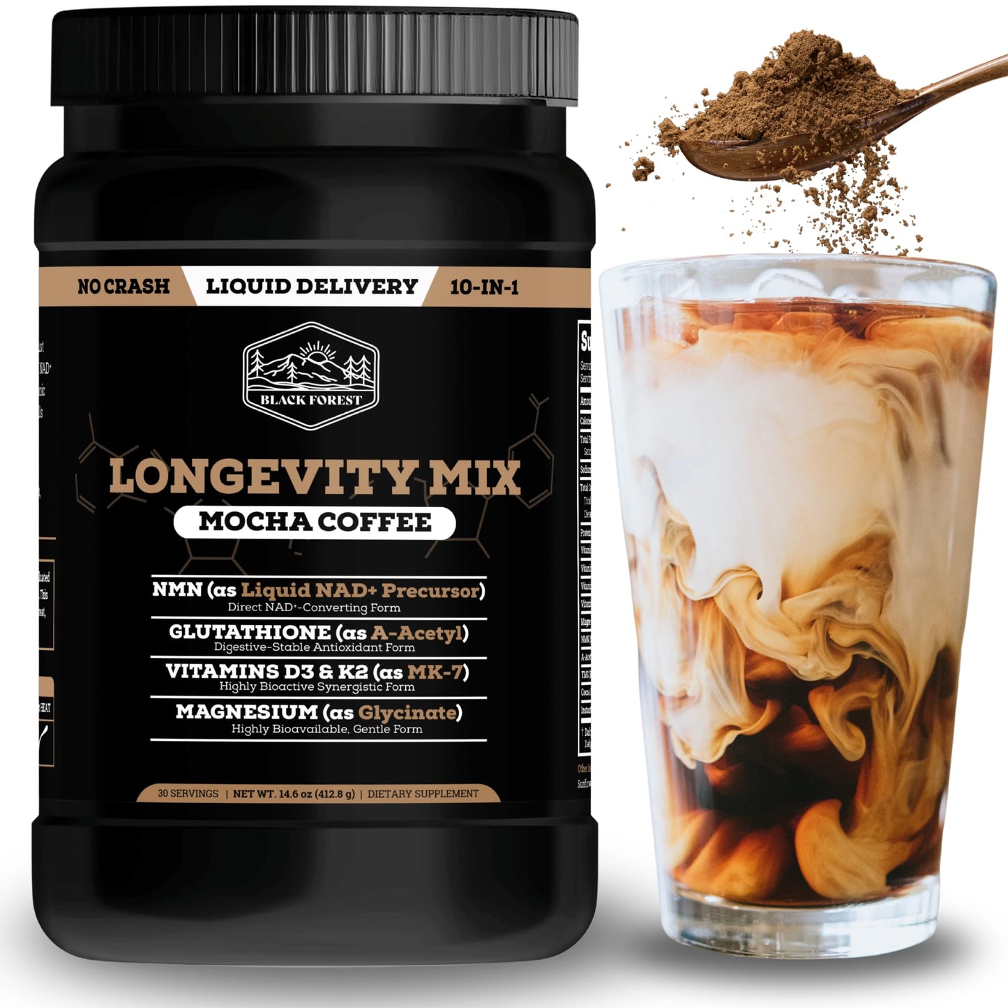 Black Forest Longevity Mix Liquid NAD+ Alternative Mocha Coffee 10-in-1 with NMN 250mg, Glutathione 250mg, TMG, Magnesium Glycinate, Vitamins D3 K2 C B12, High Polyphenol Cocoa, 30 Servings Black ForestBuy Supplements Australia