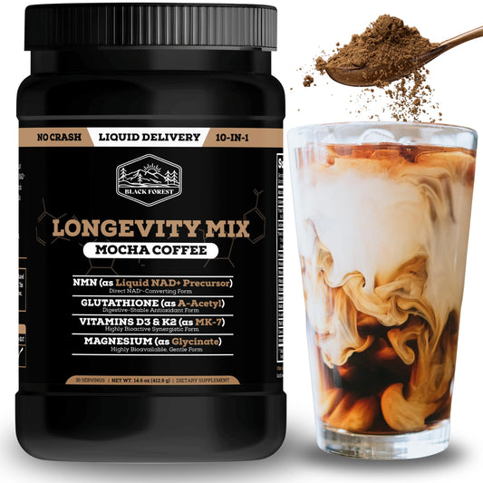 Black Forest Longevity Mix Liquid NAD+ Alternative Mocha Coffee 10-in-1 with NMN 250mg, Glutathione 250mg, TMG, Magnesium Glycinate, Vitamins D3 K2 C B12, High Polyphenol Cocoa, 30 Servings Black ForestBuy Supplements Australia
