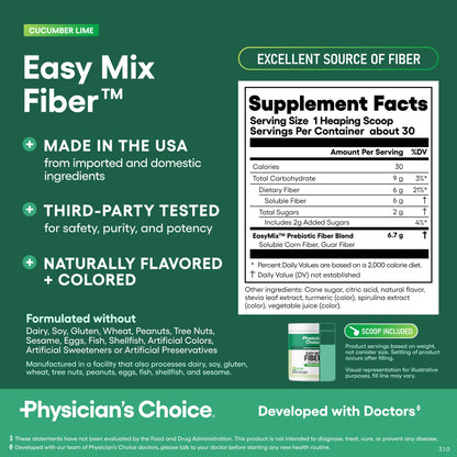 Physician's CHOICE Easy Mix Fiber for Digestive Health & Regularity - No Grit - Daily Prebiotic Soluble Fiber Powder Supplement