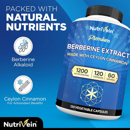 Nutrivein Premium Berberine 1200 mg with Ceylon Cinnamon - 120 Capsules: High-Absorption Berberine Supplement