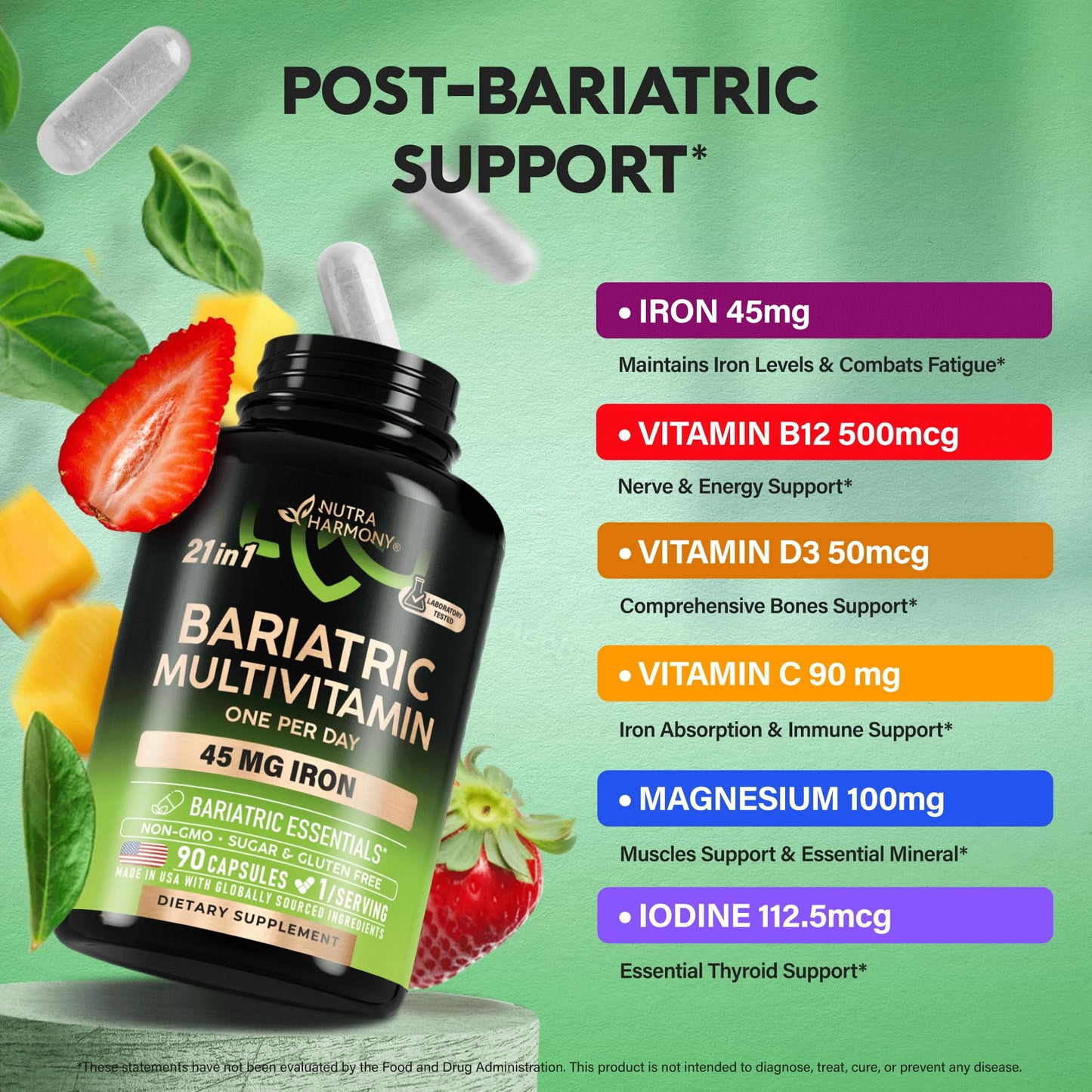Bariatric Multivitamin - 45 mg Iron Supplements - Made in USA - for Women & Men - All-in-One, 21 Essential Vitamins - Gastric Sleeve Support