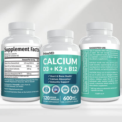 4-in-1 Calcium Supplements for Women & Men - Calcium Citrate with D3 K2 Vitamin 5000 IU - Calcium 600mg with Vitamin D3 K2 - Everyday Vitality Supplement -