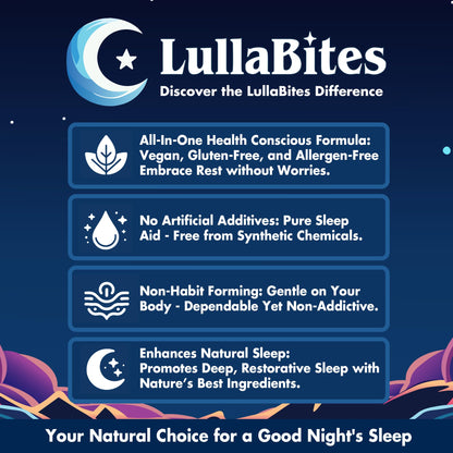 LullaBites - Natural Sleep Gummies - Made in USA - With 5-HTP, L-Theanine, Magnesium & Valerian Root - Melatonin Free - Vegan - Halal - Sugar, Gluten Free - Sweet Strawberry