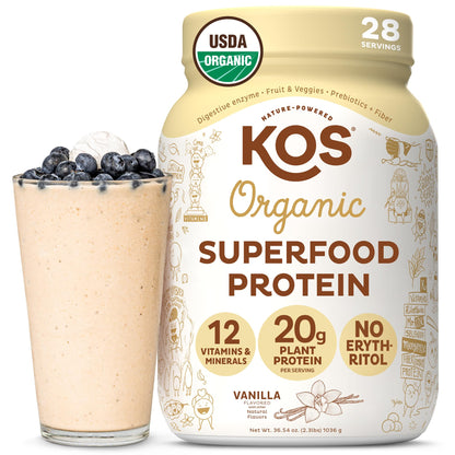 KOS Vegan Protein Powder Erythritol Free, Vanilla USDA Organic - Pea Protein Blend, Plant Based Superfood Rich in Vitamins & Minerals - Keto, Dairy Free - Meal Replacement for Women & Men, 28 Servings KOS buy supplements Au