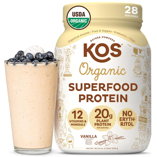 KOS Vegan Protein Powder Erythritol Free, Vanilla USDA Organic - Pea Protein Blend, Plant Based Superfood Rich in Vitamins & Minerals - Keto, Dairy Free - Meal Replacement for Women & Men, 28 Servings KOS buy supplements Au