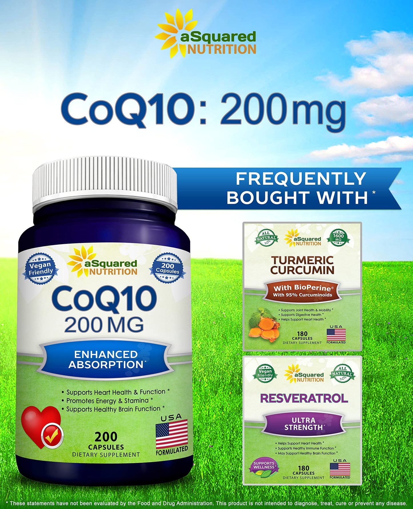 aSquared Nutrition CoQ10 (200 Capsules and 200mg) - High Absorption Vegan CO Q-10 Powder - Enzyme Ubiquinone Supplement Pills, Extra Antioxidant Coenzyme Q10 Vitamin