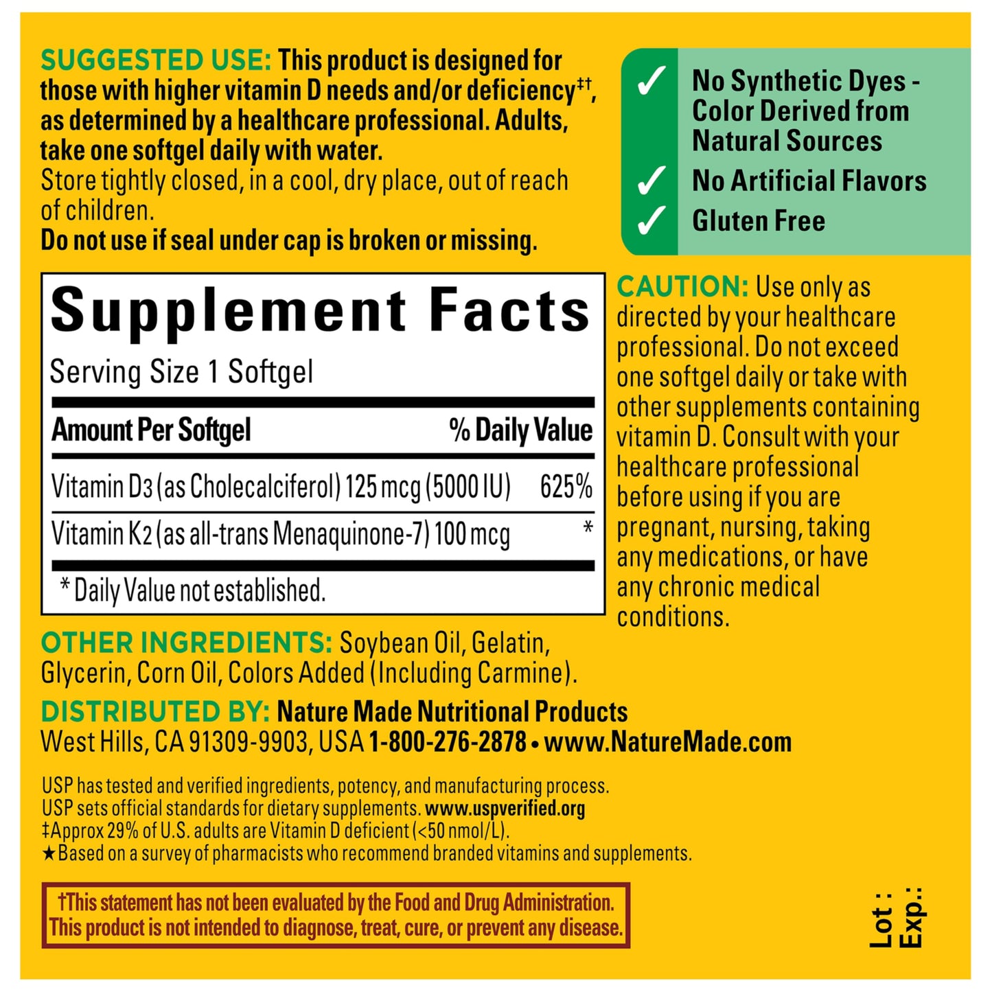 Nature Made Vitamin D3 K2 Supplement, 5000 IU (125 mcg) Vitamin D for Bone, Teeth, Muscle and Immune Support