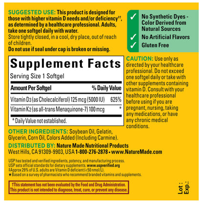 Nature Made Vitamin D3 K2 Supplement, 5000 IU (125 mcg) Vitamin D for Bone, Teeth, Muscle and Immune Support