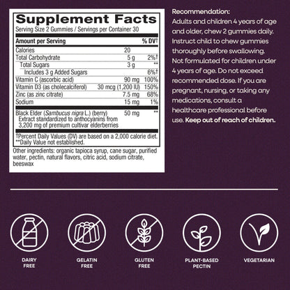 Nature’s Way Sambucus Elderberry Gummies, Immune Support Gummy for Adults & Kids Ages 4+ with Black Elderberry Extract, Vitamin C