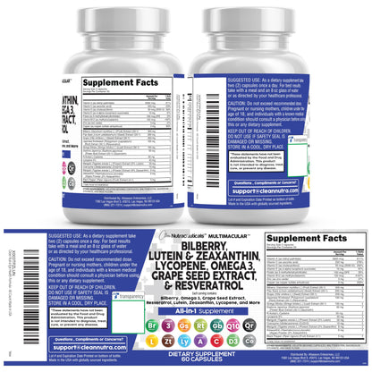 Clean Nutra Eye Vitamins with Bilberry Lutein and Zeaxanthin Supplements Lycopene 40mg Resveratrol Grape Seed Astaxanthin for Eyes - Eye Care Health Support Eye